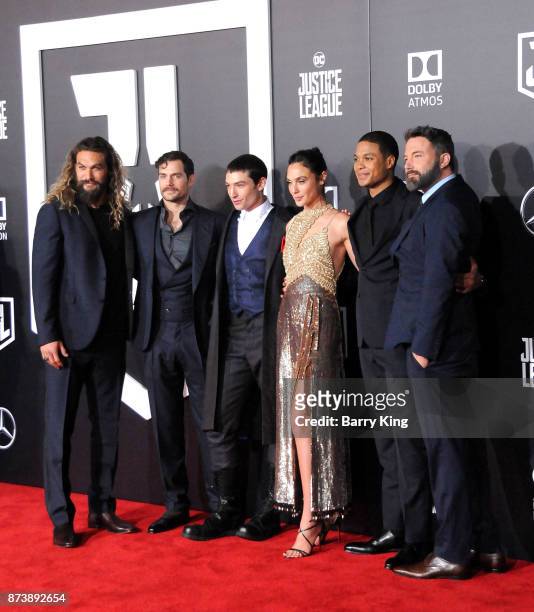 Actors Jason Momoa, Henry Cavill, Ezra Miller, actress Gal Gadot and actors Ray Fisher and Ben Affleck attend the premiere of Warner Bros. Pictures'...