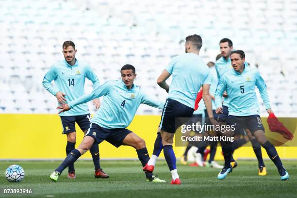 Tim Cahill of Australia controls the ball during an Australian Socceroos training session at ANZ Stadium ahead of their World Cup 2018 qualifying...