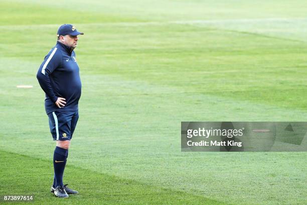 Australia head coach Ange Postecoglou looks on during an Australian Socceroos training session at ANZ Stadium ahead of their World Cup 2018...