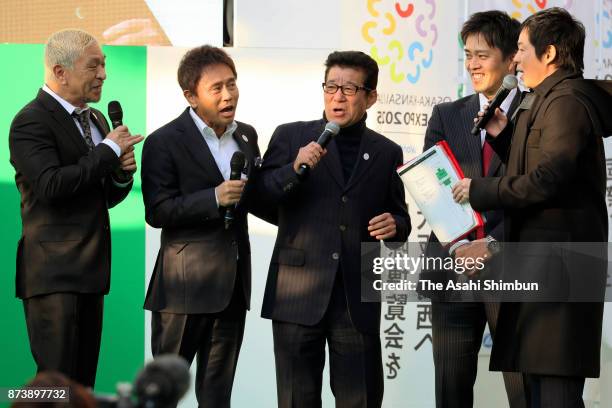 Hitoshi Matsumoto and Masaatoshi Hamada of comedian duo Downtown, Osaka Prefecture Governor Ichiro Matsui, Osaka City Mayor Hirofumi Yoshimura and...