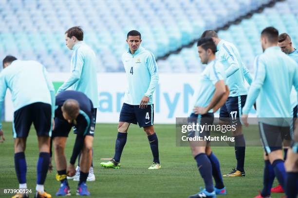 Tim Cahill of Australia warms up during an Australian Socceroos training session at ANZ Stadium ahead of their World Cup 2018 qualifying play-off...