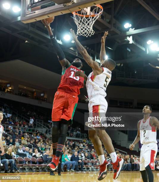 Daniel Ochefu of the Maine Red Claws shoots the ball against Tommy Williams of the Erie Bayhawks during an NBA G-League game on November 10, 2017 at...