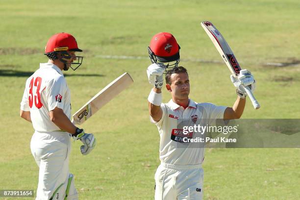 Jake Weatherald of South Australia celebrates his century during day two of the Sheffield Shield match between Western Australia and South Australia...