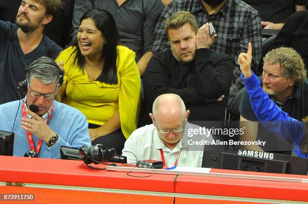 Actor James Corden attends a basketball game between the Los Angeles Clippers and the Philadelphia 76ers at Staples Center on November 13, 2017 in...