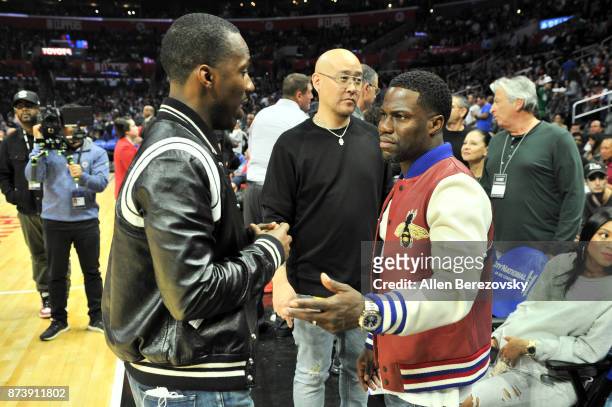 Actor Kevin Hart and sports agent Rich Paul attend a basketball game between the Los Angeles Clippers and the Philadelphia 76ers at Staples Center on...