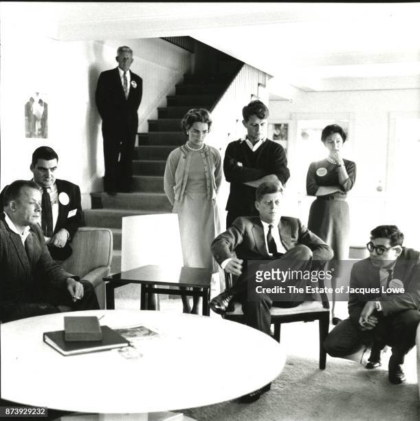 Senator John F Kennedy and family members, friends, and aides watch returns on televisio, the morning after the 1960 Presidential Election, Hyannis...