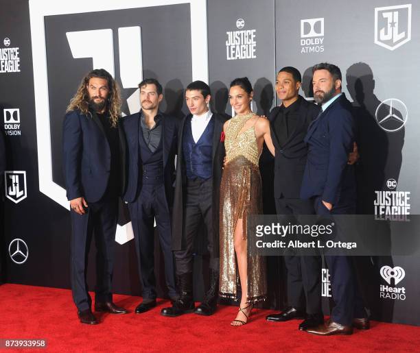 Cast Jason Momoa, Henry Cavill, Ezra Miller, Gal Gadot, Ray Fisher and arrive for the Premiere Of Warner Bros. Pictures' "Justice League" held at...