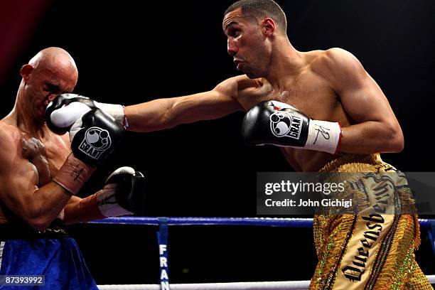 James DeGale connects with a right in his super Middleweight fight against Jindrich Kubin at The Odyssey Arena on May 15, 2009 in Belfast, Northern...