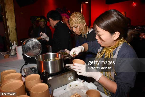 Chef Katsuaki Oklyama team fixes a Veloute de poireaux soup during 'Les Fooding 2018'Ê: Cocktail at Les Follies Pigalle 11 Place Pigalle on November...