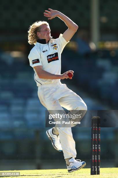 David Moody of Western Australia bowls during day two of the Sheffield Shield match between Western Australia and South Australia at WACA on November...