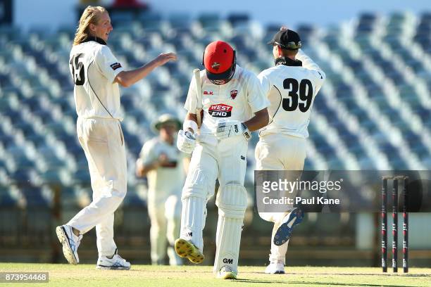 Jake Weatherald of South Australia reacts after being dismissed by David Moody of Western Australia during day two of the Sheffield Shield match...