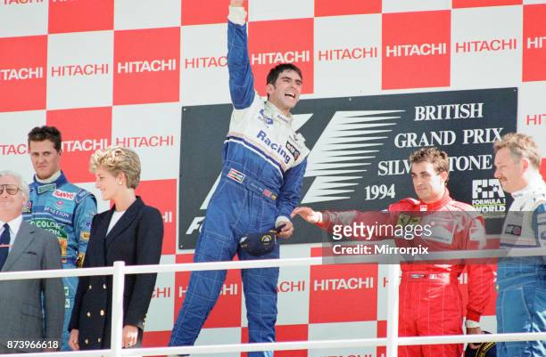 British Grand Prix, Silverstone, Northamptonshire, England, Sunday 10th July 1994, our picture shows, on the podium, Damon Hill, driving for Williams...