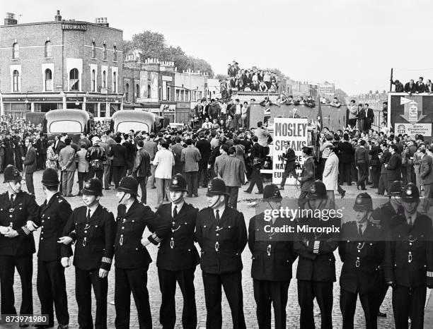 Large crowd gathered in Ridley Road E8 to demonstrate against former fascist leader Sir Oswald Mosley and members of his anti-Semitic Blackshirt...