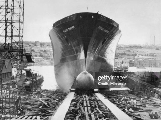 The launch of the Cunard container ship Atlantic Conveyor, at Wallsend on Tyne. Atlantic Conveyor was later requisitioned during the Falklands War....