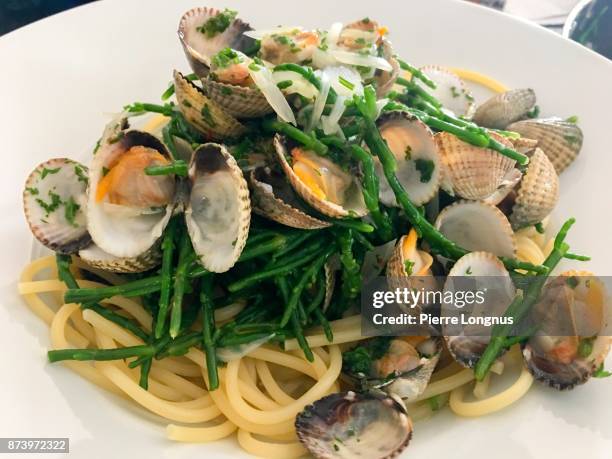 plate of spaghetti with cockles and samphire (salicornia) - coquille de coque photos et images de collection