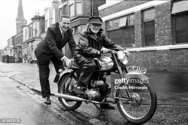 Year-old Florrie Ball with her new motorbike, 11th February 1969.