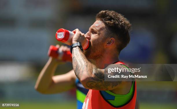 Mandurah , Australia - 14 November 2017; Zach Tuohy enjoys a drink during Ireland International Rules Squad training at Bendigo Bank Stadium,...