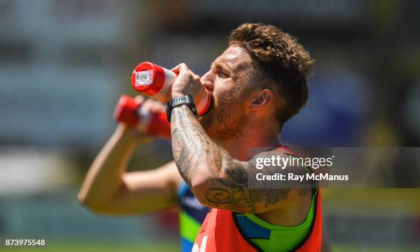 Mandurah , Australia - 14 November 2017; Zach Tuohy enjoys a drink during Ireland International Rules Squad training at Bendigo Bank Stadium,...