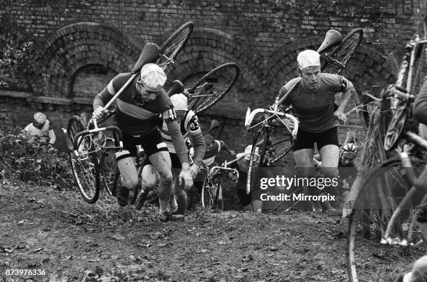 British National Amateur Cyclo-Cross Championships at Crystal Palace. Some of the contestants seen going up one of the slippery hills, 3rd February...