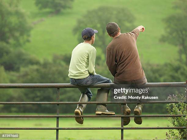 farmer talking to son on gate - farm family stockfoto's en -beelden