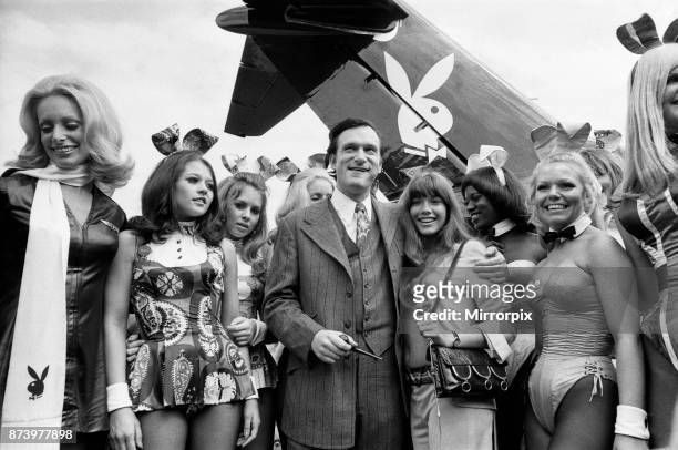 Playboy Editor and Publisher Hugh Hefner arrives at Heathrow Airport in his private DC9-30 jet, the 'Big Bunny' during a grand tour of his empire. On...