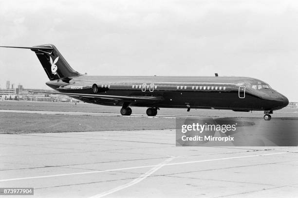 Playboy Editor and Publisher Hugh Hefner arrives at Heathrow Airport in his private DC9-30 jet, the 'Big Bunny' during a grand tour of his empire. On...