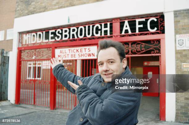 Bob Mortimer at Ayresome Park, Middlesbrough FC's football ground, circa 1994.
