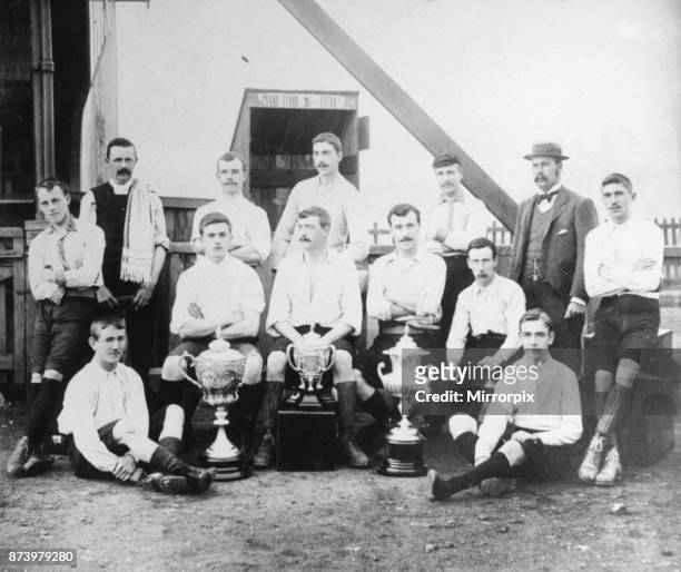 Middlesbrough Team 1894 - 95 seen here with the FA Amateur Cup, Northern League title trophy and North Riding Senior Cup. Circa May 1895.