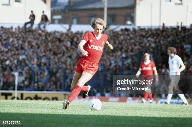English League Division One match at Elland Road. Leeds United 1 v Liverpool 1. Phil Neal of Liverpool, wearing the new Hitachi sponsored strip, 15th...