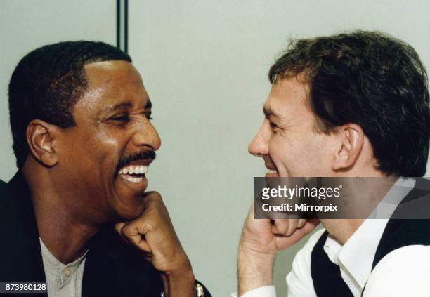 Middlesbrough manager Bryan Robson and assistant Viv Anderson share a joke, 20th April 1996.