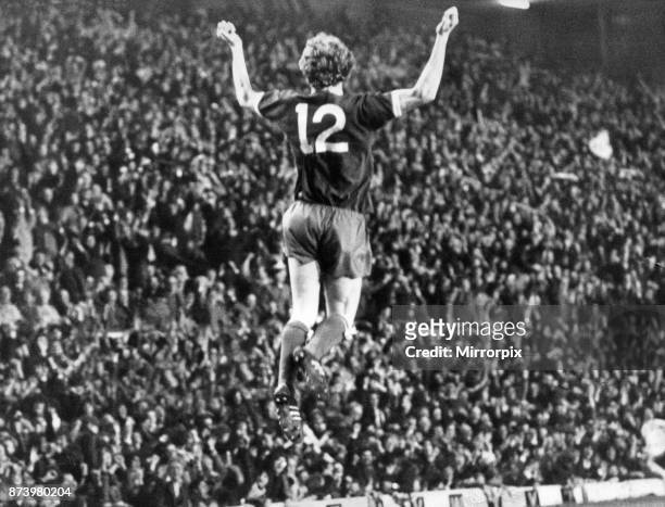 Liverpool's David Fairclough celebrates scoring in the 84th minute in the European Cup third round match against St Etienne at Anfield. Liverpool won...