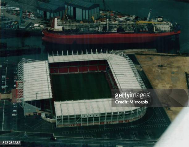 Middlesbrough's new Riverside Stadium is ready, August 1995. The giant ship North Sea Producer seen here being converted into an FPSO vessel is...