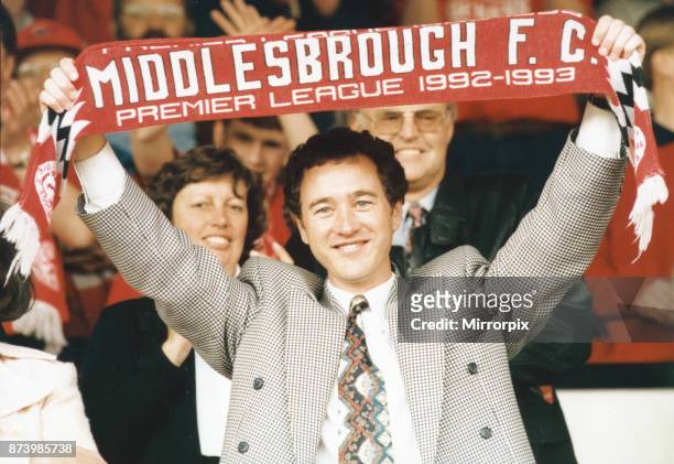Middlesbrough chairman Steve Gibson celebrates promotion to the Premier League. May 1993.
