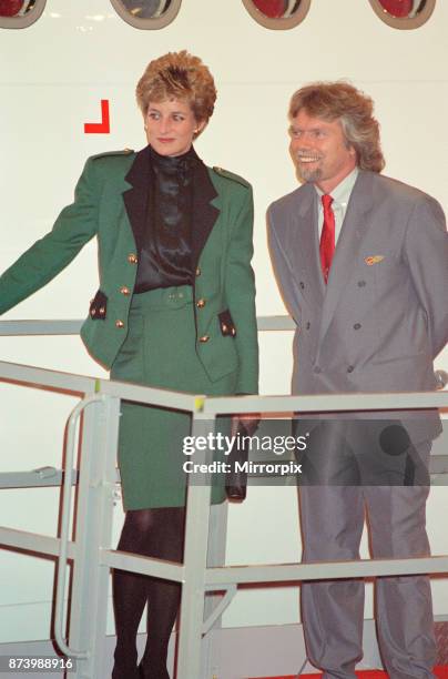 Princess Diana, Princess of Wales, with Virgin Atlantic CEO Richard Branson. Today the Princess launches business tycoon Richard Branson's Virgin...