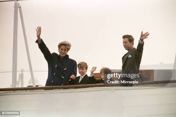 Princess Diana, Princess of Wales, The Prince of Wales, Prince Charles, Prince William and Prince Harry Wave Farewell To Toronto From The Royal Yacht...