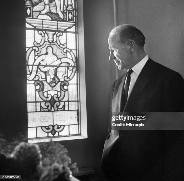 Dedication of the Duncan Edwards window in the church of St. Francis, in the priory, Dudley, West Midlands: pictured is Matt Busby examines the...