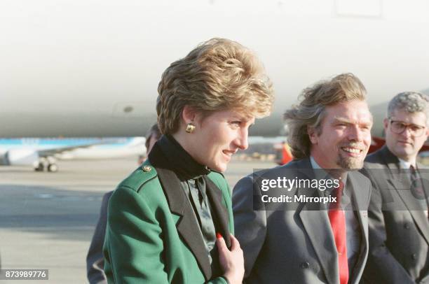 Princess Diana, Princess of Wales, with Virgin Atlantic CEO Richard Branson. Today the Princess launches business tycoon Richard Branson's Virgin...