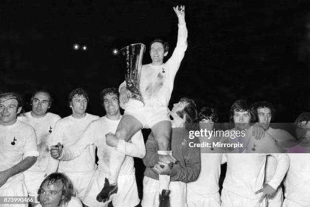 Cup Final Second Leg match at White Hart Lane. Tottenham Hotspur 1 v Wolverhampton Wanderers 1. . Spurs captain Alan Mullery sits on the shoulders of...