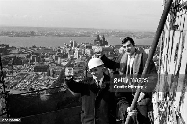 Liverpool Tower topping out. Pat O'Connor of County Cavan and David Lewis of Swansea drink to the job, 15th March 1967.