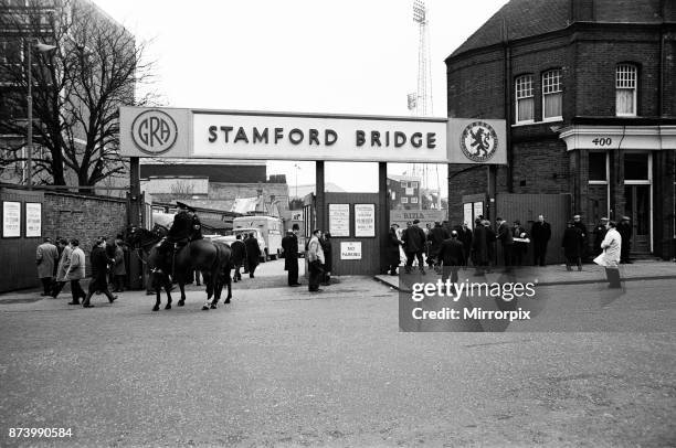Scenes outside Stamford Bridge stadium on the day of a match between Chelsea v Tottenham Hotspur, FA Cup 5th round, London, 20th February 1965.