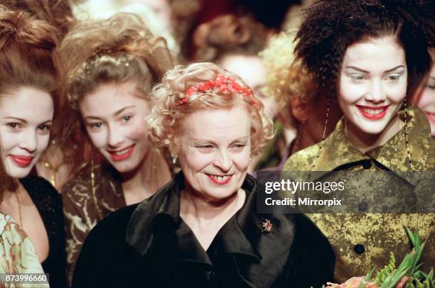 British fashion designer Vivienne Westwood pictured at her show at the Natural History Museum in London during Fashion Week, 23rd February 1997.