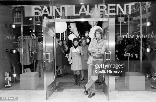 Yves Saint Laurent, designer, pictured outside his first London Rive Gauche store on New Bond Street, London, opening day, 10th September 1969.
