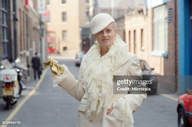 Vivienne Westwood, pictured outside her London office, 12th June 1992.