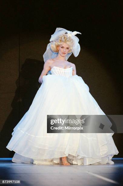 Model Sara Stockbridge pictured on the catwalk during Vivienne Westwood fashion show at London Fashion Week, 30th April 1993.