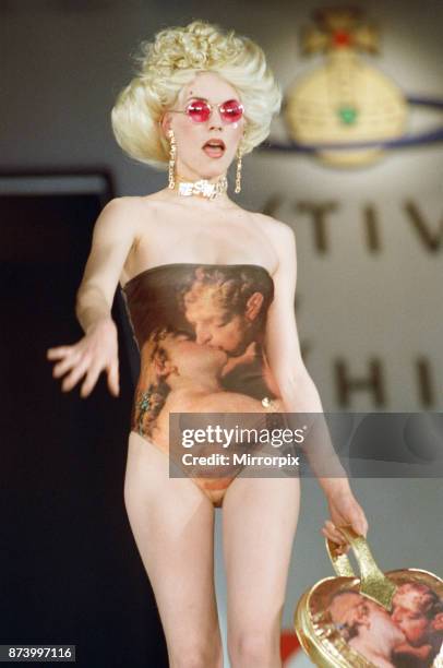 Model Sara Stockbridge pictured on the catwalk during Vivienne Westwood fashion show at London Fashion Week, 30th April 1993.