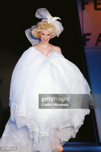 Model Sara Stockbridge pictured on the catwalk during Vivienne Westwood fashion show at London Fashion Week, 30th April 1993.