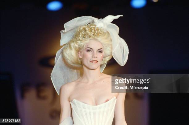 Model Sara Stockbridge pictured on the catwalk during Vivienne Westwood fashion show at London Fashion Week, 30th April 1993.