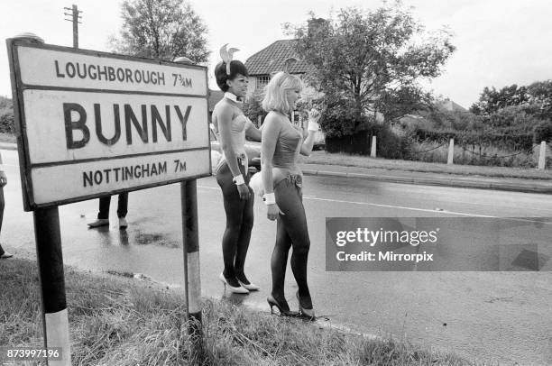 Bunny Girls from the Playboy Club in London visit Bunny, a village and civil parish in the Rushcliffe borough of Nottinghamshire, England, 4th August...