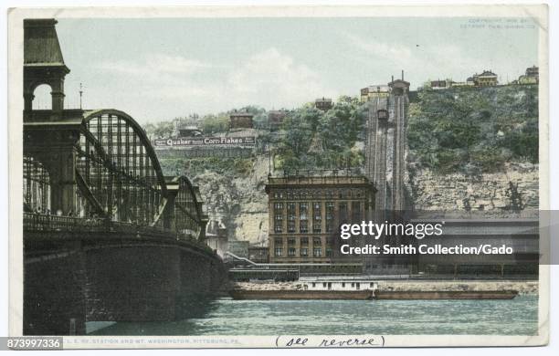 Pittsburgh and Lake Erie railroad station, with iron bridge and cliff railway, Pittsburgh, Pennsylvania, USA, 1914. From the New York Public Library.