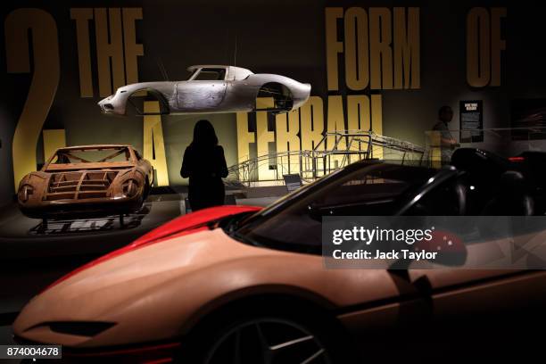 Clay Model of Ferrari J50, 2015 and a wooden model of the Ferrari 365 P by Pininfarina, 1966 on display at the 'Ferrari: Under the Skin' exhibition...